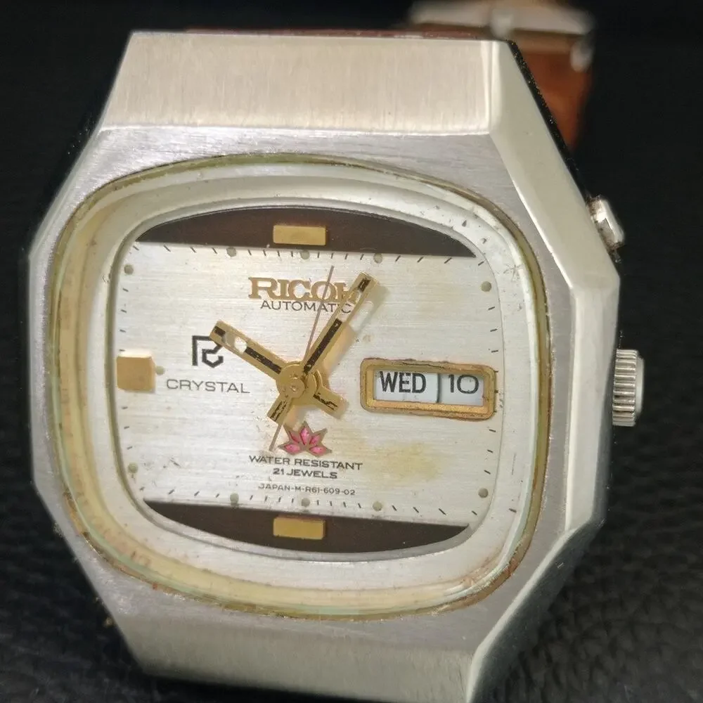 Vintage 1971 Ricoh Automatic Mens Silver Watch W/daydate & Gold accents